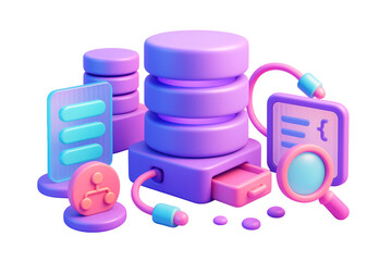 Fototapeta premium Purple and pink database elements with coding, analysis, and connection icons in stylized 3D look on white background, concept of technology. Ai generative