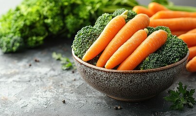 Fresh carrots and broccoli in a bowl on a dark surface