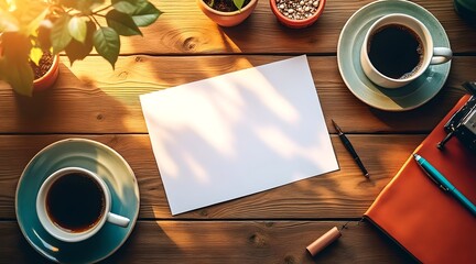 A vibrant and inviting overhead shot of a blank sheet of paper on a wooden desk with coffee and natural light