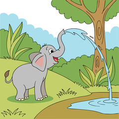 Baby Elephant Spraying Water from Trunk Cartoon Vector, Baby Elephant Line Art Vector, Cute Elephant Illustration, Elephant Playing Vector