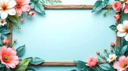 A captivating photo featuring a wooden frame with flowers and leaves in vibrant, sparkling teal tones
