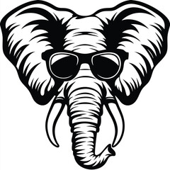 Black and white depicts an elephant face sporting dark sunglasses for sun protection