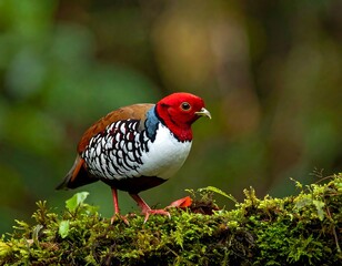 Fototapeta premium A brilliantly colored bird perches elegantly on a mossy forest branch, showcasing striking red, white, and brown plumage.