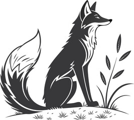 Sitting Fox Silhouette with Tail Curled Isolated Vector, Fox Silhouette Vector, Minimal Fox Outline, Wildlife Fox Vector