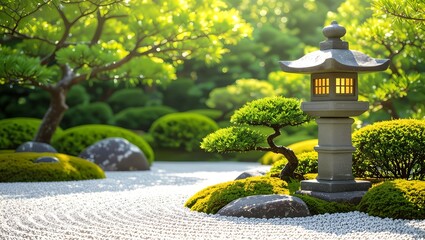 A minimalist Japanese garden themed image featuring a subject on the right, such as a stone lantern or a bonsai tree