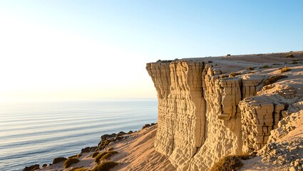 An image of a minimalist beige cliff edge under a soft blue sky during bright dawn