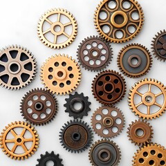 Assorted metallic gears in gold, bronze, copper, and black arranged on flat surface, evoking mechanical diversity and design precision