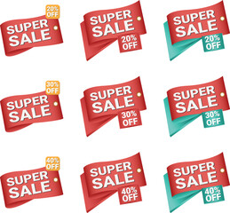 Super sale red ribbon badges with discount percentage tags for promotional marketing advertising and special offers collection vector
