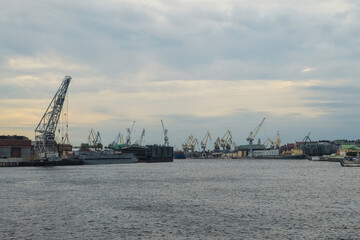 Gloomy port, twilight view from distance.