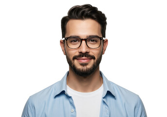Attractive young man with glasses and beard smiling confidently medium shot portrait transparent background