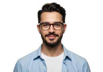 Attractive young man with glasses and beard smiling confidently medium shot portrait transparent background