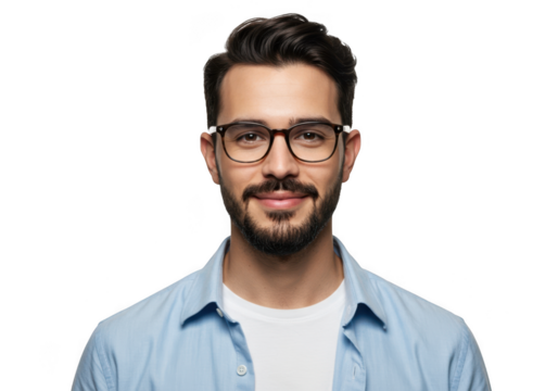 Attractive young man with glasses and beard smiling confidently medium shot portrait transparent background