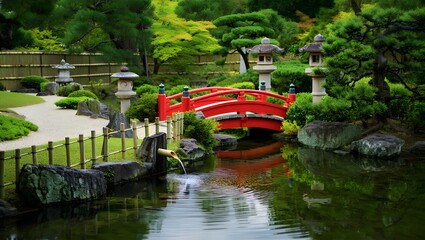 Serene japanese garden with vibrant red bridge over calm water and stone lanterns