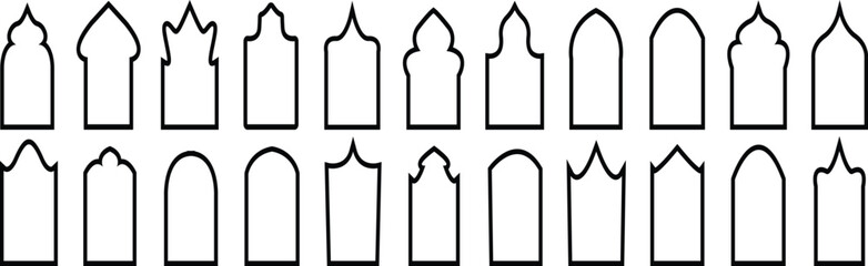 Traditional islamic door and window shapes. Arch window vector set . Arabic muslim architecture design elements, ramadan. Mosque borders or moroccan gates. Vector Arab Elements In Minimal Boho Style .