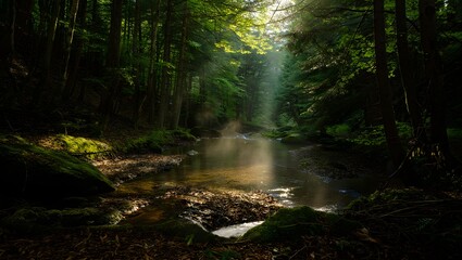 Fototapeta premium Sunlight streams through dense forest canopy illuminating a misty forest stream and mossy rocks