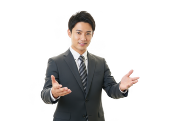 Smiling businessman gesturing with hands isolated on transparent background
