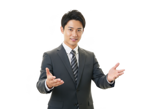 Smiling businessman gesturing with hands isolated on transparent background