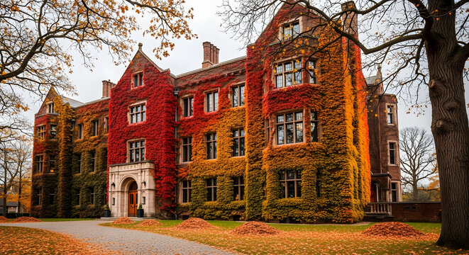 Majestic view of an ivy-covered historic building with fall foliage displaying a stunning palette of autumn colors
