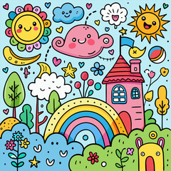 “Cute Kids Crayon Hand Drawn Doodle Background with Rainbow, Sun, House, Cat and Flowers”