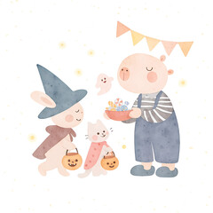 Cute Halloween Trick or Treat Animals Watercolor Clipart – Bunny, Cat, Pig with Candy, Pastel Illustration