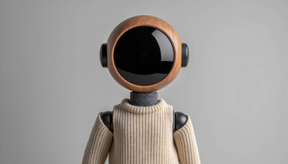 A minimalist robot with a smooth wooden spherical head and a dark screen instead of a face, dressed in a cozy knitted sweater against a plain background.