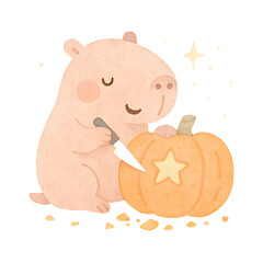 Watercolor Cute Hippo Carving Pumpkin for Halloween | Hand-Drawn Illustration