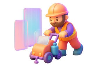 Fototapeta premium Cartoon worker in safety gear pushing a small road roller machine, colorful graphic style, isolated on white background, concept of transport. Ai generative