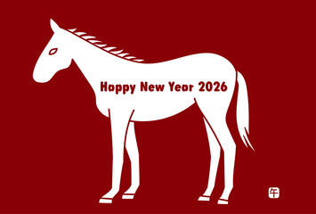 赤背景にシンプルな白馬の2026年（午年）年賀状イラスト