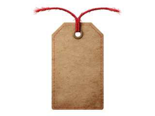 Rustic brown cardboard tag with red string and metal eyelet, Isolated On White, Png Transparent