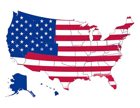 A map of the United States, showcasing the individual states' borders overlaid with the American flag's design.