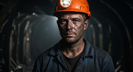 Fototapeta premium Caucasian man miner wearing hard hat with headlamp. Coal worker portrait in an underground tunnel representing mining industry.