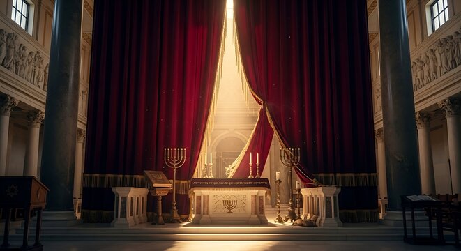 Synagogue Interior with Altar and Red Curtain
