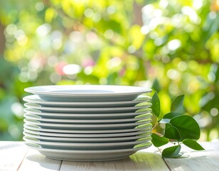 Stacked plates against a bokeh garden background