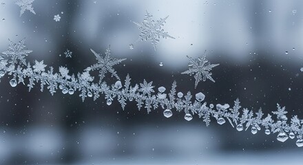 Beautiful delicate snowflakes and frost accumulating on a window pane, creating a serene winter scene.