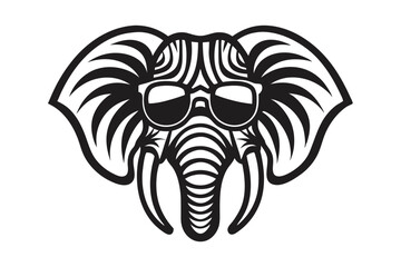 Black and white striped elephant enjoys wearing sunglasses on a white isolated background