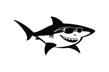 Black cartoon depicts a smiling shark wearing sunglasses with menacing teeth visible