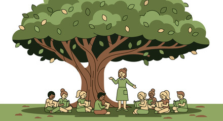 An illustration of a female teacher reading with a diverse group of children sitting on the grass under a large tree.