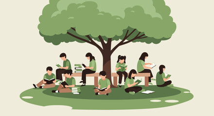 Diverse group of students studying under a large tree in a park-like setting.