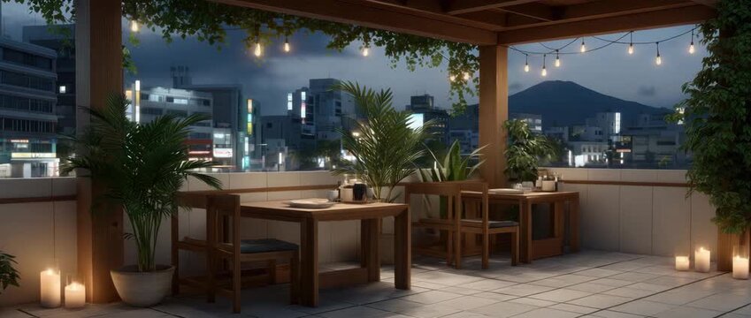 Enjoy a peaceful and cozy atmosphere on a rooftop deck adorned with soft lights, perfect for relaxation and scenic views