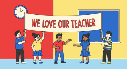 Diverse group of happy students holding a banner expressing love for their teacher in a colorful classroom setting.