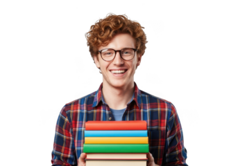 Smiling young man holding stack of books isolated on transparent background