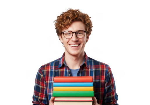 Smiling young man holding stack of books isolated on transparent background