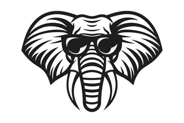 Black line drawing depicts an elephant's face wearing black sunglasses on a white backdrop