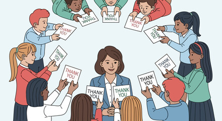 A teacher is surrounded by students holding up cards that say "Thank You" in a circle formation.