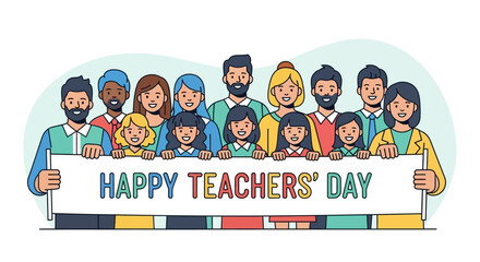 Diverse group of people holding a banner that says "Happy Teachers' Day".