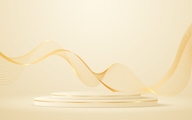 Cream podium with elegant gold wave lines on the back for advertisement display. Display of cosmetic products. Stage or podium. vector illustration	