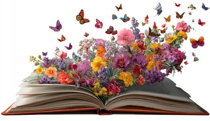 An open book releasing a vibrant explosion of flowers and butterflies.