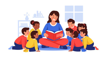 Teacher reading a storybook to a diverse group of attentive preschool children.