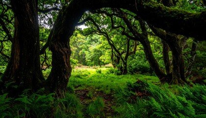 Obraz premium Dense Lush Forest Sunlight Peeking Through Trees.