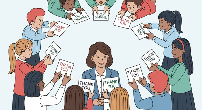 A teacher is surrounded by students holding up cards that say "Thank You" in a circle formation.